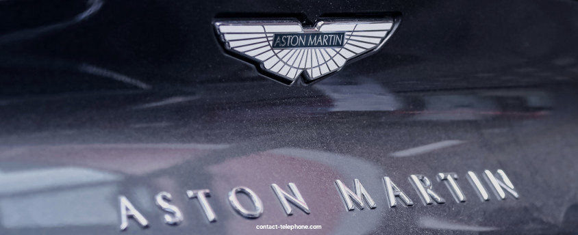 Logo et inscription de la marque Aston Martin sur l'arrière d'une voiture.