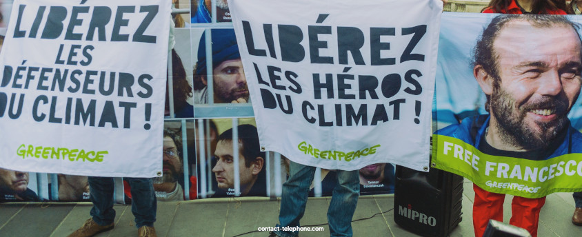 Panneaux de protestation tenus par des activistes de Greenpeace.